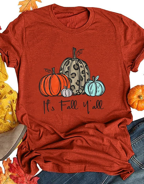 Load image into Gallery viewer, Its Fall Yall Graphic Shirt Women Thanksgiving Pumpkin Splicing Sleeve Fall Shirt Tops