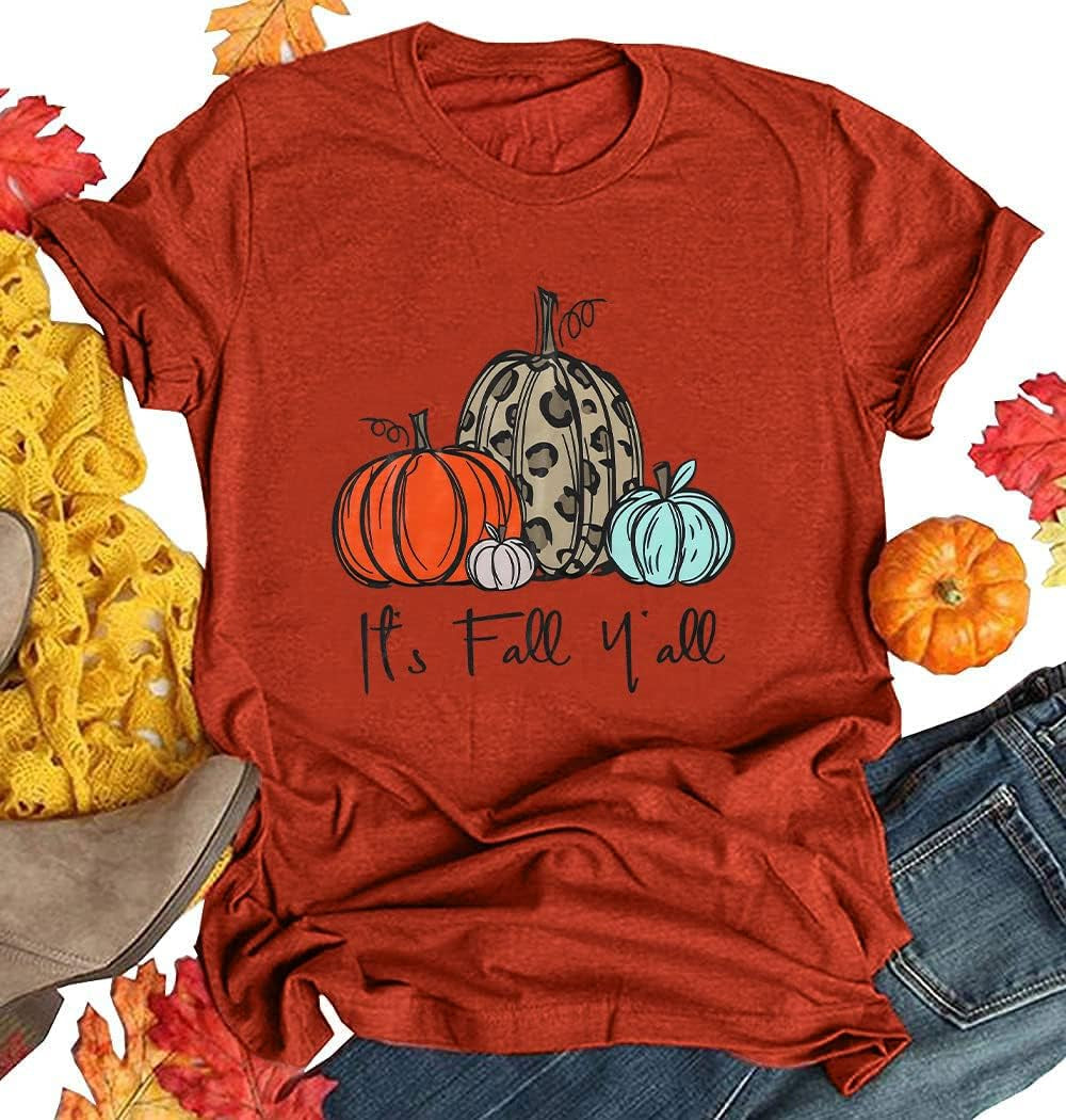 Its Fall Yall Graphic Shirt Women Thanksgiving Pumpkin Splicing Sleeve Fall Shirt Tops