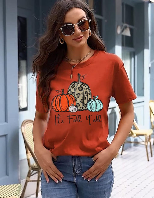 Load image into Gallery viewer, Its Fall Yall Graphic Shirt Women Thanksgiving Pumpkin Splicing Sleeve Fall Shirt Tops