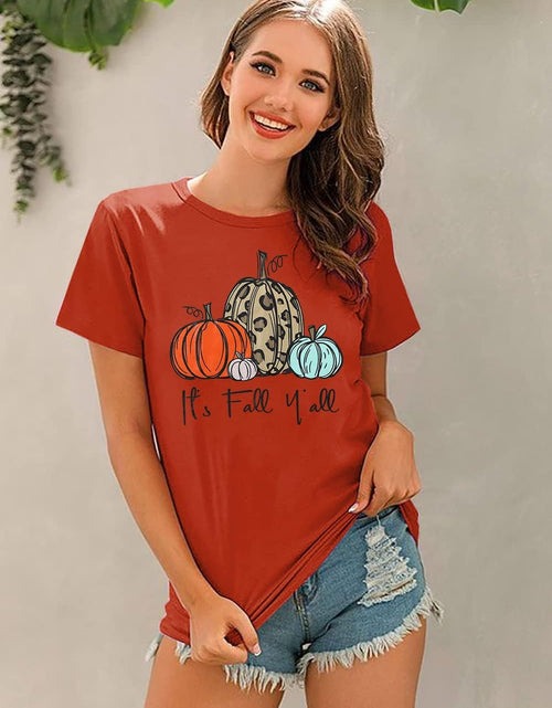 Load image into Gallery viewer, Its Fall Yall Graphic Shirt Women Thanksgiving Pumpkin Splicing Sleeve Fall Shirt Tops