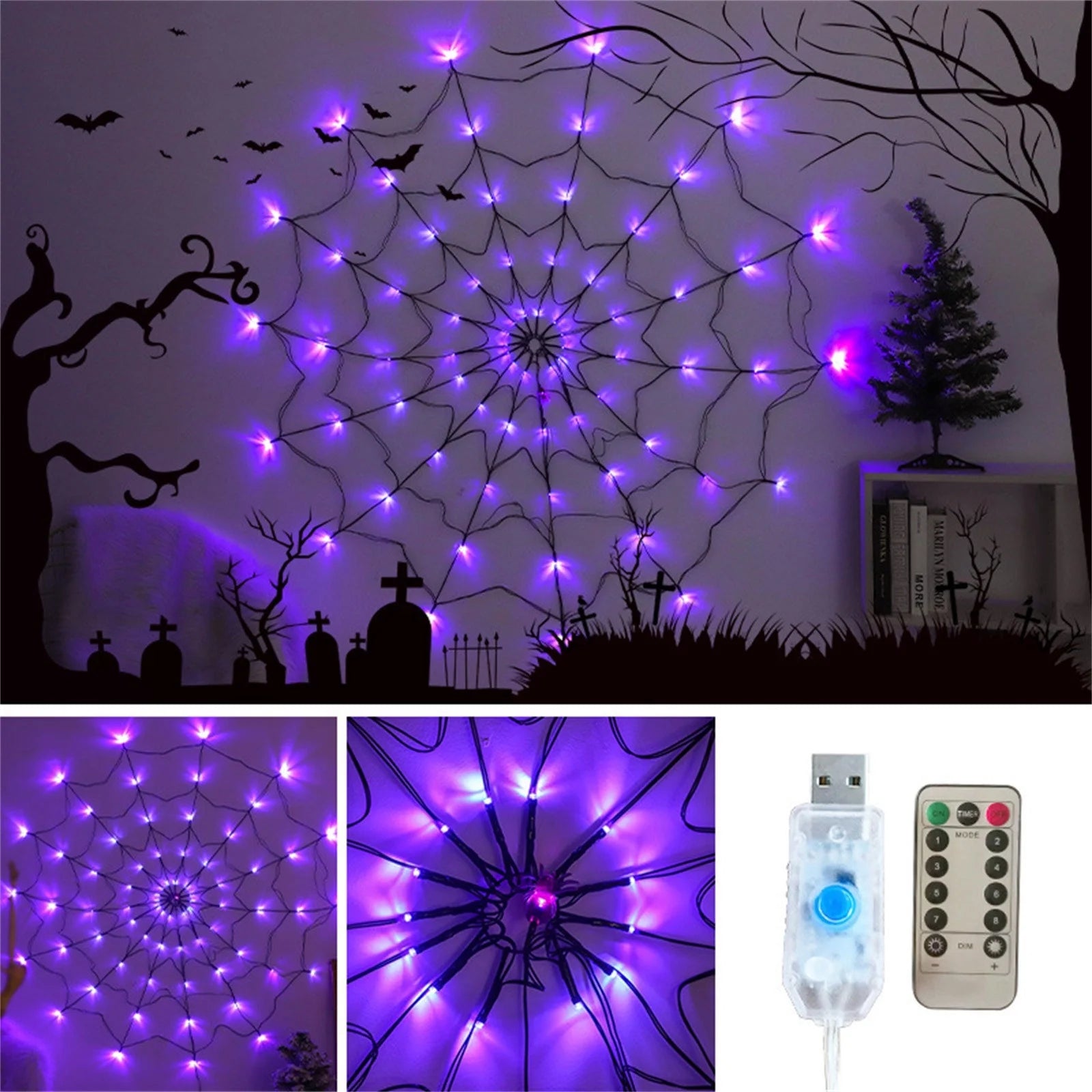 Halloween LED Spider Web Light,Horror Festival Theme Yard Decoration,Usb Remote-Control Glowing Spider Web Light for Indoor Outdoor Setup