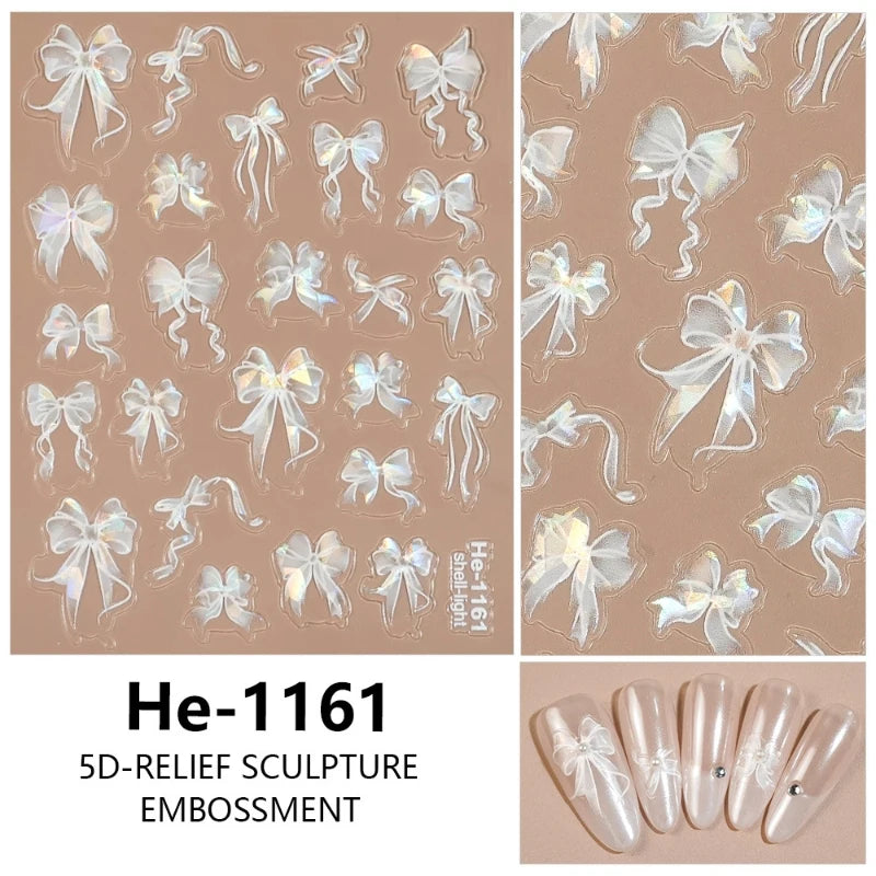 3D White Bowknot Flower Nail Art Sticker Ultra-Thin Self-Adhesive Slider Summer Nail Art Decal Decoration DIY Manicure Accesorie