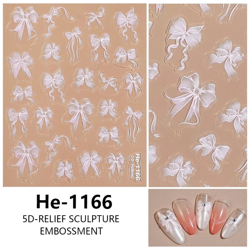 3D White Bowknot Flower Nail Art Sticker Ultra-Thin Self-Adhesive Slider Summer Nail Art Decal Decoration DIY Manicure Accesorie