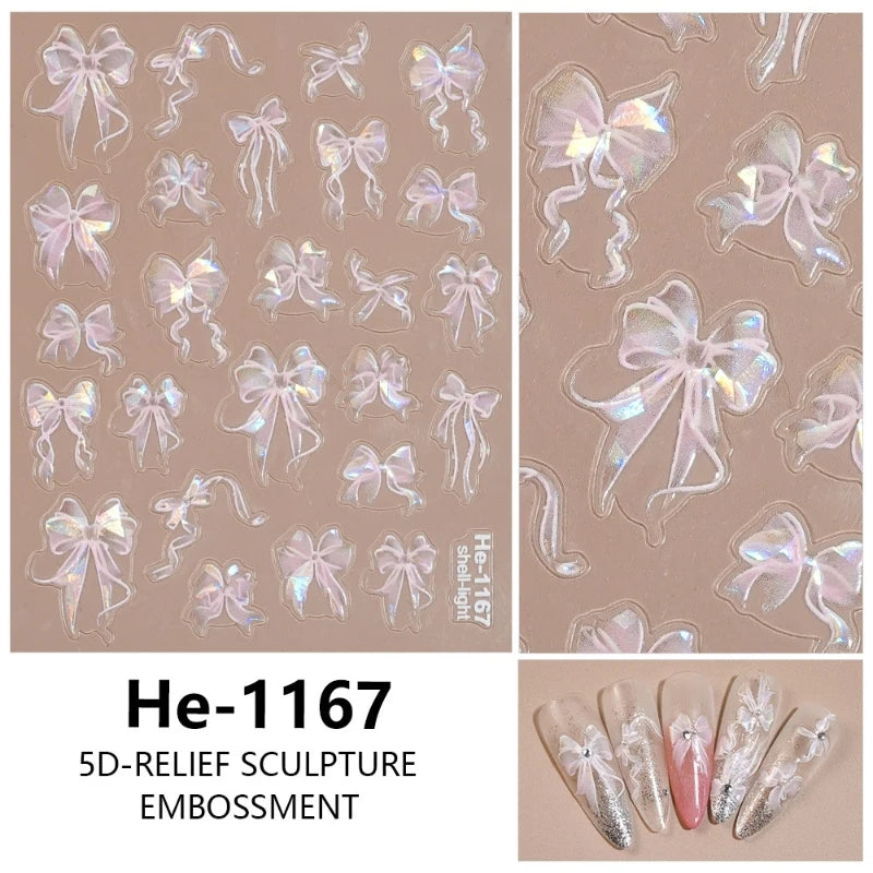 3D White Bowknot Flower Nail Art Sticker Ultra-Thin Self-Adhesive Slider Summer Nail Art Decal Decoration DIY Manicure Accesorie