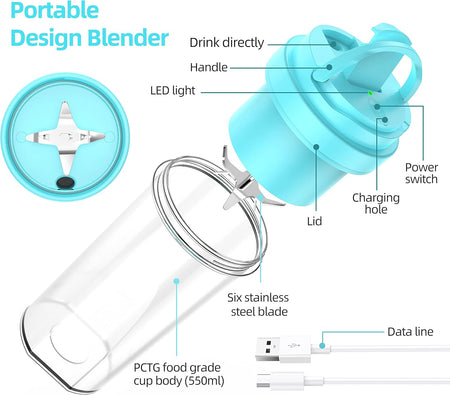 Portable Blender, 550Ml Personal Size Blender for Shakes and Smoothies, Portable Blender Fruit Rechargeable with USB, Travel Blender with Six Blades, Juicer Cup for Gym, Travel (White)