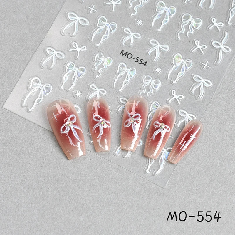 3D White Bowknot Flower Nail Art Sticker Ultra-Thin Self-Adhesive Slider Summer Nail Art Decal Decoration DIY Manicure Accesorie