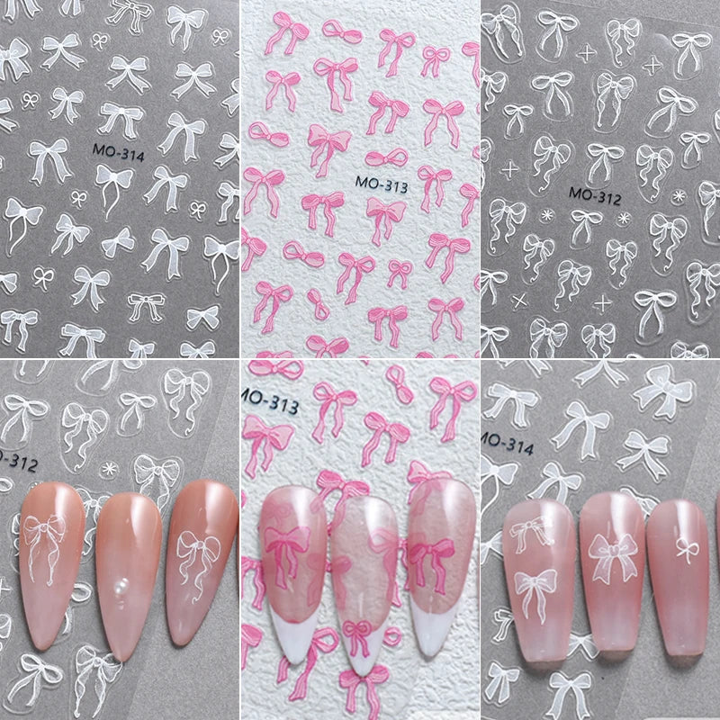 3D White Bowknot Flower Nail Art Sticker Ultra-Thin Self-Adhesive Slider Summer Nail Art Decal Decoration DIY Manicure Accesorie