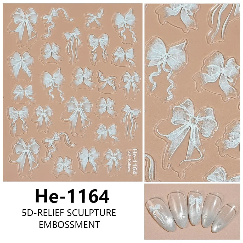 3D White Bowknot Flower Nail Art Sticker Ultra-Thin Self-Adhesive Slider Summer Nail Art Decal Decoration DIY Manicure Accesorie