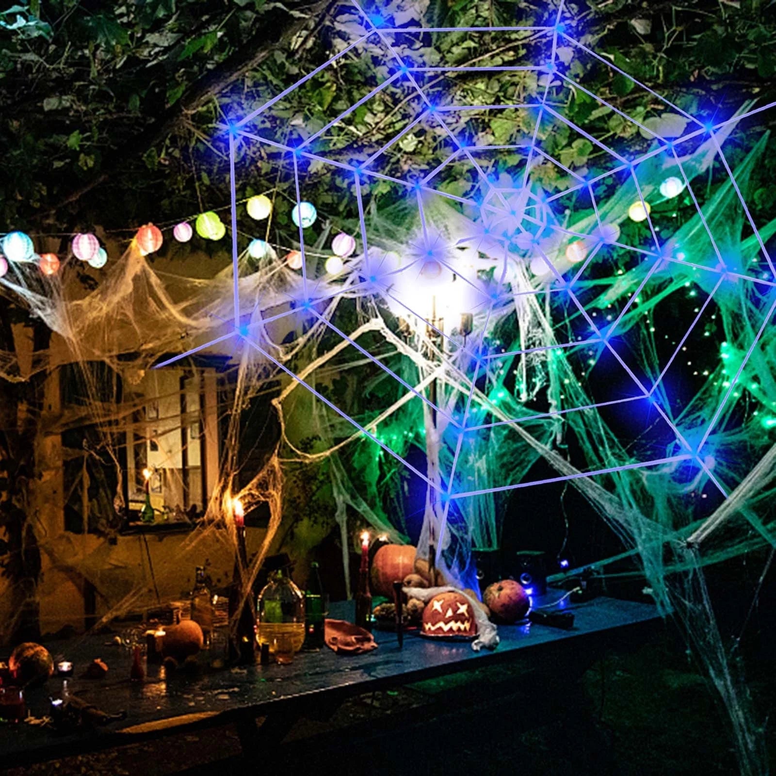 Halloween LED Spider Web Light,Horror Festival Theme Yard Decoration,Usb Remote-Control Glowing Spider Web Light for Indoor Outdoor Setup