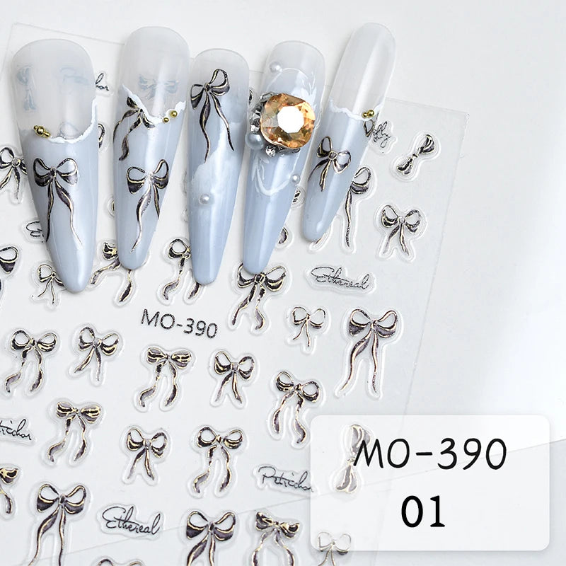 3D White Bowknot Flower Nail Art Sticker Ultra-Thin Self-Adhesive Slider Summer Nail Art Decal Decoration DIY Manicure Accesorie
