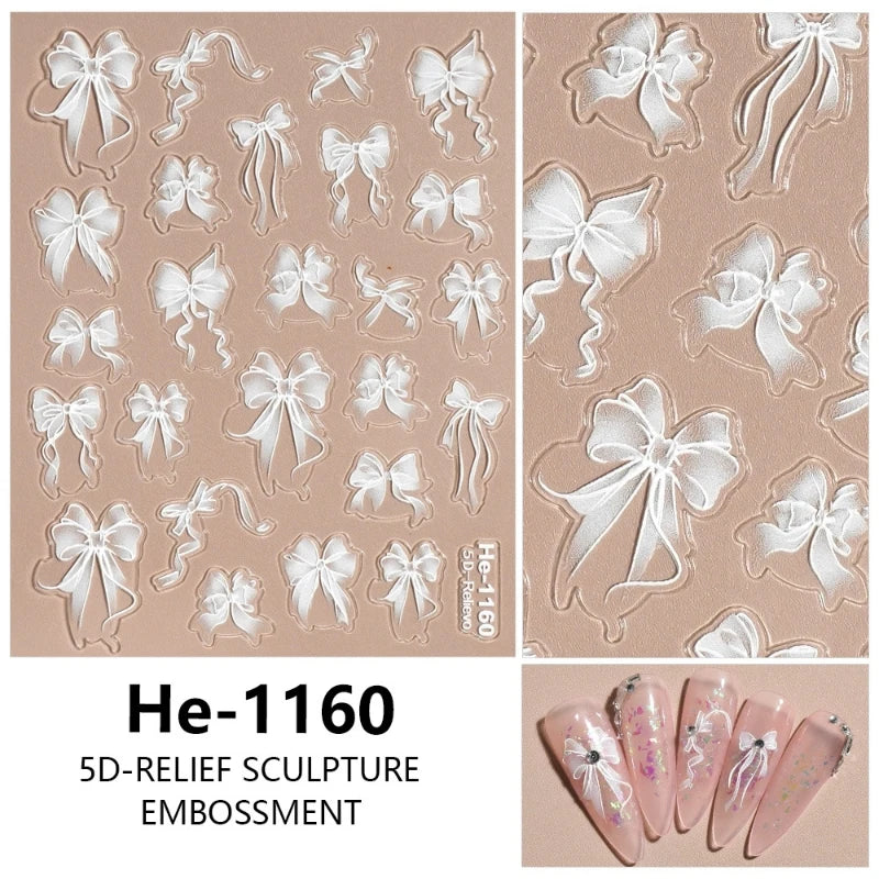 3D White Bowknot Flower Nail Art Sticker Ultra-Thin Self-Adhesive Slider Summer Nail Art Decal Decoration DIY Manicure Accesorie
