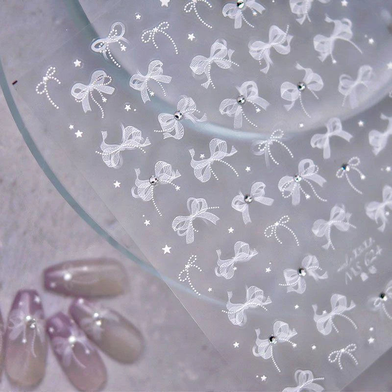3D White Bowknot Flower Nail Art Sticker Ultra-Thin Self-Adhesive Slider Summer Nail Art Decal Decoration DIY Manicure Accesorie