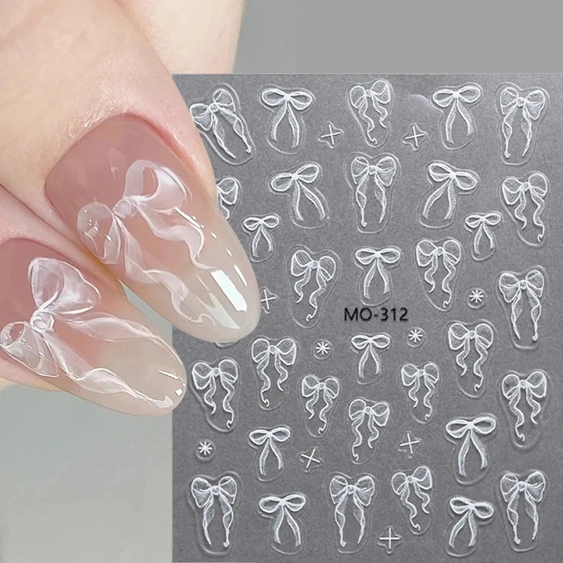 3D White Bowknot Flower Nail Art Sticker Ultra-Thin Self-Adhesive Slider Summer Nail Art Decal Decoration DIY Manicure Accesorie