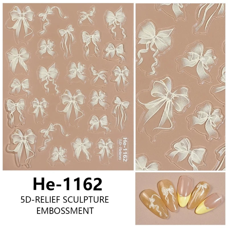 3D White Bowknot Flower Nail Art Sticker Ultra-Thin Self-Adhesive Slider Summer Nail Art Decal Decoration DIY Manicure Accesorie